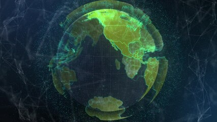 Fading in digital globe rotating in data network with pulsing rings showing global data flow - Powered by Adobe