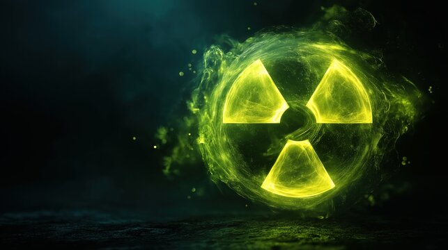 Bright green radioactive symbol with a glowing aura on a dark background, showcasing a dynamic visual effect and emphasizing the theme of radiation safety