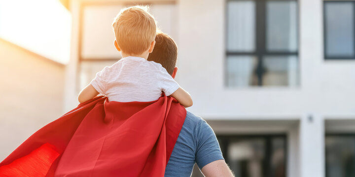 Child in red cape on an father shoulders outdoors, facing a building in the background. Concept: Childhood imagination, family bonding, superhero theme - Powered by Adobe