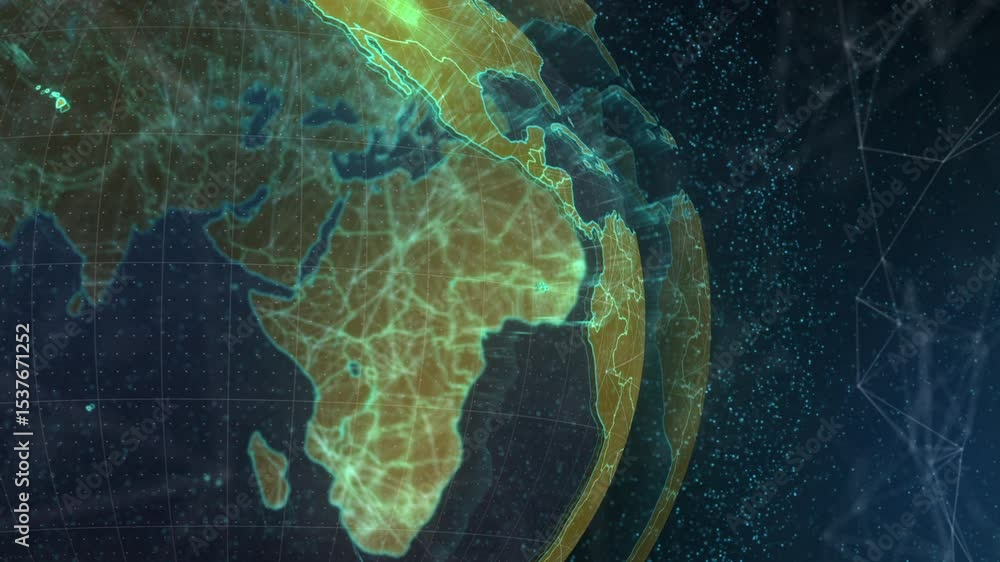 Poster opening showing holographic globe spinning over mesh backdrop, pulsing rings and connection lines
