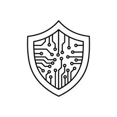 Cybersecurity shield icon with circuit pattern, black and white, modern design, copy space
