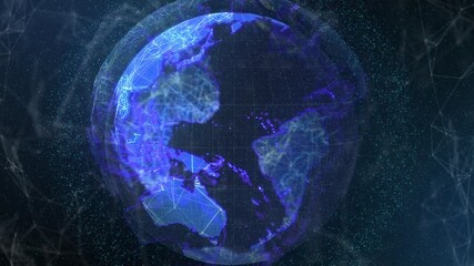 Emerging from dark mesh field, wireframe globe spinning in 3D space, continent outlines, neon lines - Powered by Adobe