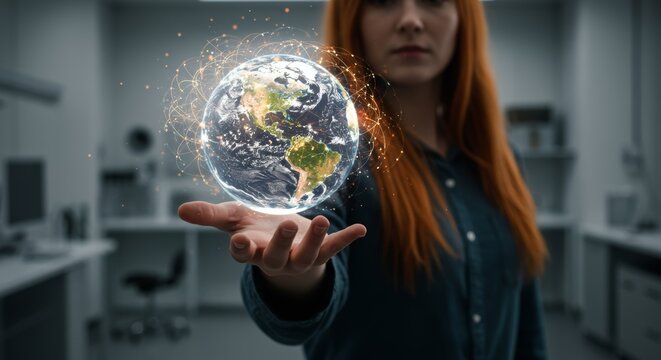 Holding Digital Earth Globe in Hand with Glowing Connections Technology