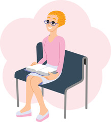 Smiling young girl sitting on a bench and reading a book. Illustration of a female student learning a lesson from a book.