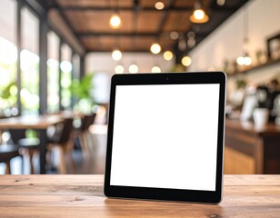 Tablet mockup with editable screen, coffee shop background
