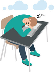 Tired student fell asleep at his desk. Illustration of a young man sleeping at his desk. School days.