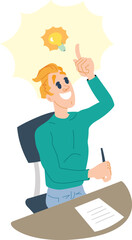 Smiling young man found a solution. Illustration of a young man solving problems at his desk. School days.