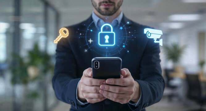 Front view of businessman holding smartphone with glowing transparent padlock, key and camera icons in modern office. Network security and surveillance in business setting, cybersecurity concept