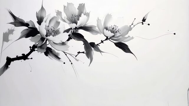 Elegant sumi-e painting of blossoms, leaves, and stems in monochrome ink against a light background with soft flowing lines and delicate details.