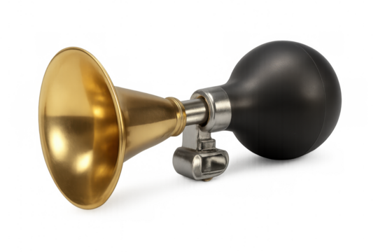 Vintage brass horn making loud sound with rubber bulb, isolated on transparent background, perfect for attention-grabbing projects