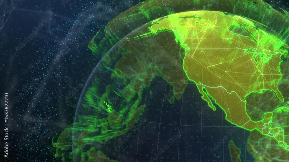 Poster rotating into view 3d globe showing neon-green outlines in digital void, with pulsing network nodes