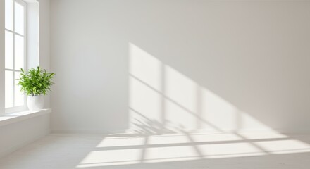 Fototapeta premium Serene White Room Interior with Plant and Sunlight Shadows Creates Tranquility