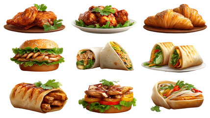 Crispy chicken, dumplings, wraps and sandwiches from various cuisines isolated on a Transparent background, PNG file.