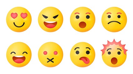 Collection of eight yellow emoji faces displaying different emotions on white background