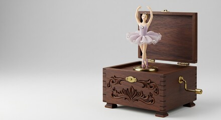 Elegant ballerina gracefully spins inside antique music box soft light illuminates intricate carvings. AI Generated