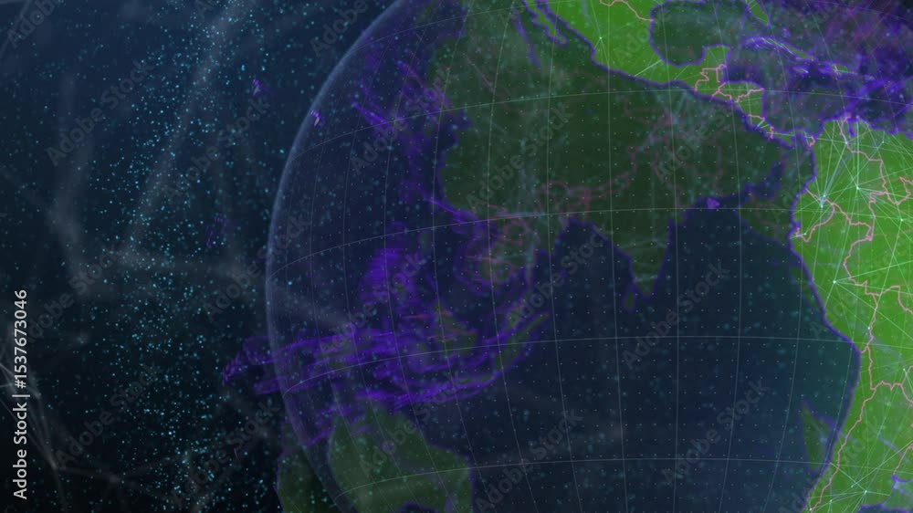 Poster starting digital globe rotating through star-field for data mapping, with nodes and purple streams