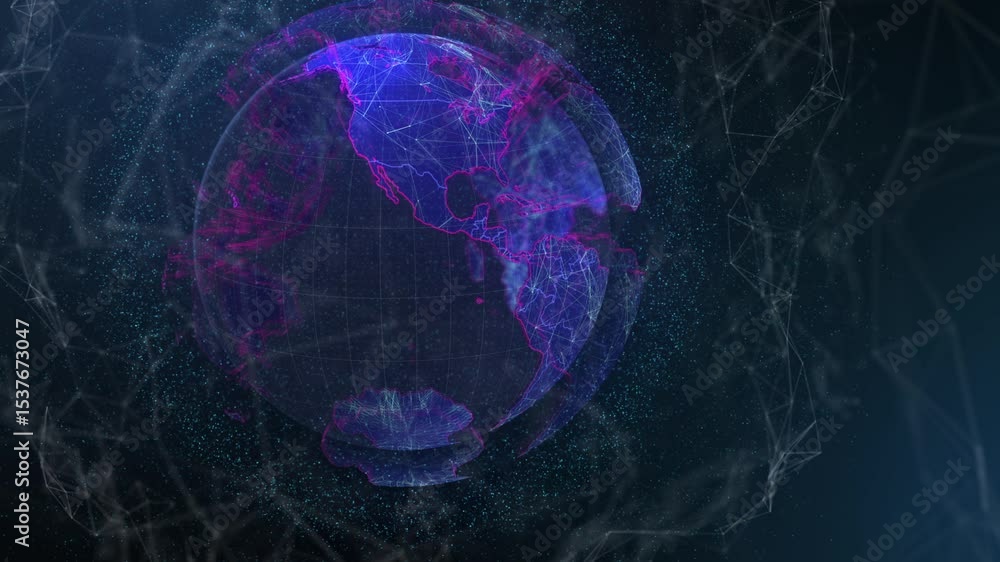 Poster opening glowing polygonal sphere rotating in space with neon network lines, displaying data flow