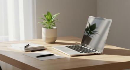 Serene Workspace: Minimalist Desk with Laptop, Plant, and Writing Essentials