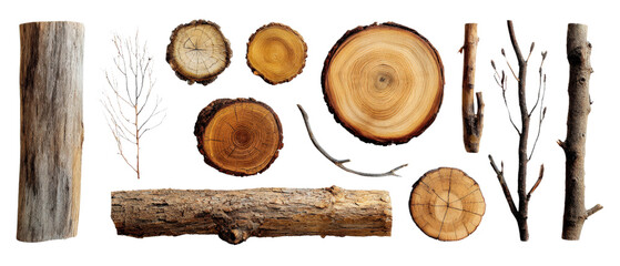 Cross-sections of tree trunks and assorted dry branches isolated on a Transparent background, PNG file., nature collection