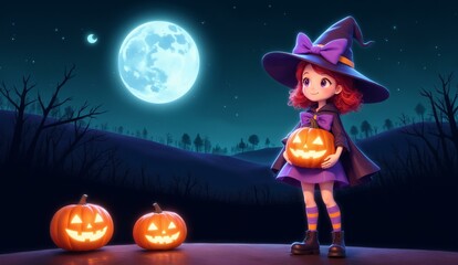 A young witch stands with a pumpkin lantern under a full moon, accompanied by two glowing jack-o'-lanterns in a spooky forest setting.
