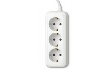 White power strip with multiple outlets and cable hanging on transparent background, providing convenient electricity access