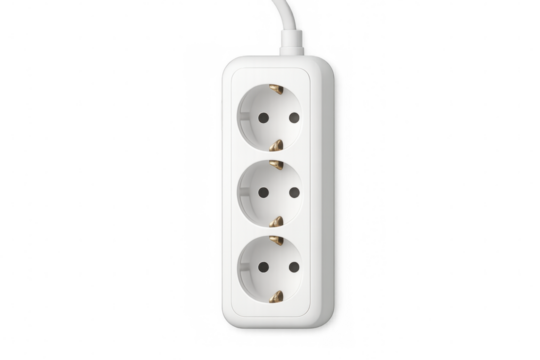 White power strip with multiple outlets and cable hanging on transparent background, providing convenient electricity access