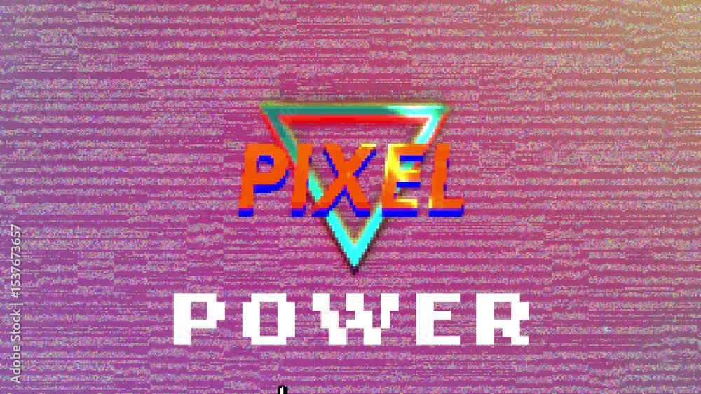 Poster filling loading bar on gradient, unveiling pixel power triangle logo, clicking arrow causing glitch