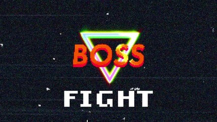 Rectangular bar filling glitching VHS screen neon triangle showing BOSS pointer clicking FIGHT - Powered by Adobe