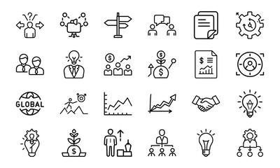 Collection of business and finance icons displaying concepts of strategy growth and collaboration for presentations or websites