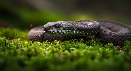Fototapeta premium European Adder Close-Up: Venomous Snake Lurking on Mossy Ground in the Forest