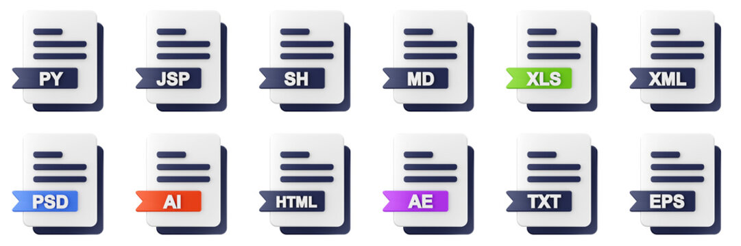 3d file format type icon set bundle illustration py jsp sh md xls xml psd ai html ae txt eps