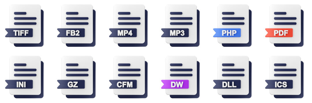 3d file format type icon set bundle illustration tiff fb2 mp4 mp3 php pdf ini gz cfm dw dll ics