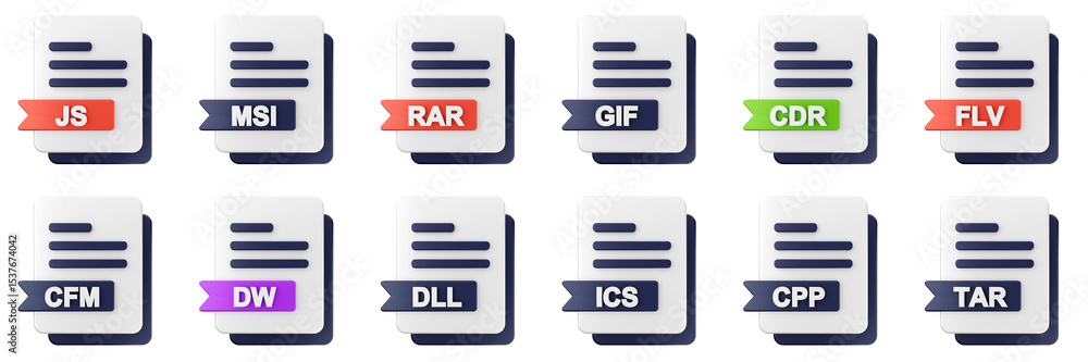 Poster 3d file format type icon set bundle illustration js msi rar gif cdr flv cfm dw dll ics cpp tar