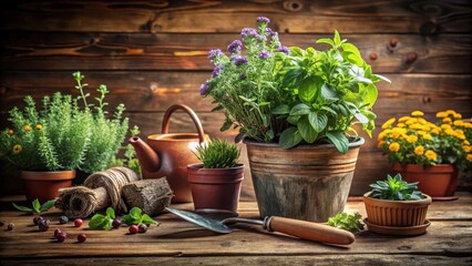 Herb plant on rustic wooden table with gardening tools and flowers in a terracotta pot, floral, flowers,  floral, flowers