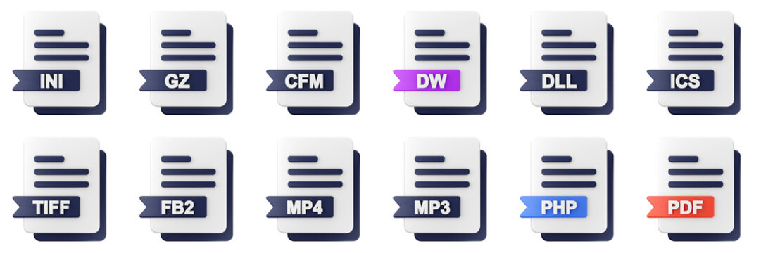 3d file format type icon set bundle illustration ini gz cfm dw dll ics tiff fb2 mp4 mp3 php pdf