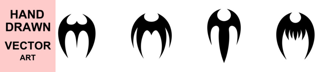 Hand drawn tribal abstract wing tattoo vector design set for dark gothic art, emblem design, horror theme, branding elements, and minimal silhouette graphics.