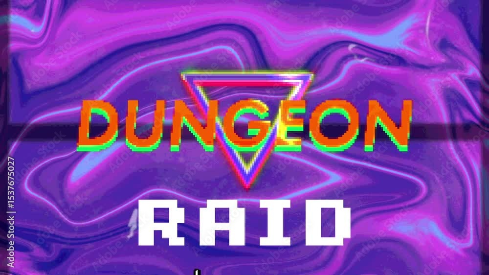 Poster starting loading bar filling, flashing dungeon, cursor clicking raid glitching in digital world