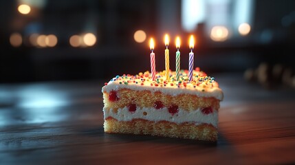 Slice of Birthday Cake with Candle and Colorful Balloons