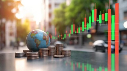 Global finance and investment represented by world globe and money stacks with financial chart - Powered by Adobe