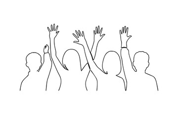 Happy people raising hands continuous line art illustration