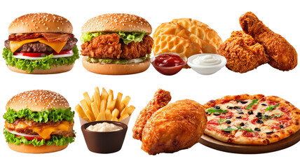 Fast food items including burger, fries, fried chicken and pizza, arranged in grid, isolated on a Transparent background, PNG file.