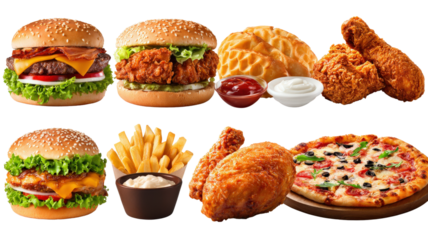 Fast food items including burger, fries, fried chicken and pizza, arranged in grid, isolated on a Transparent background, PNG file.