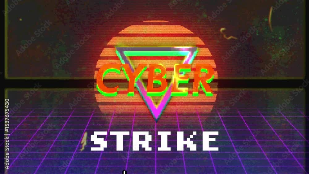 Aufkleber filling loading bar on neon grid, revealing triangle, cyber text and clicking strike looping
