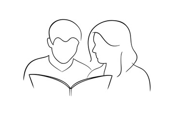 Couple reading book together continuous line art illustration