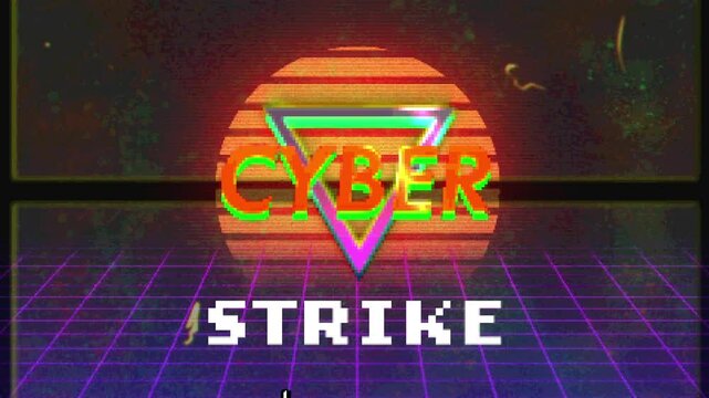 Filling loading bar on neon grid, revealing triangle, CYBER text and clicking STRIKE looping