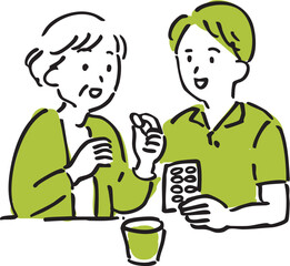 Male caregiver assisting elderly person with medication – hand-drawn senior care illustration