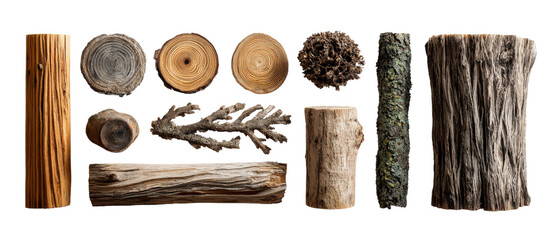 Forest wood elements including rings, trunks, and bark samples, isolated on a Transparent background, PNG file.