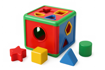 Multicolored shape sorter cube with various geometric blocks promoting learning and play for toddlers, isolated on a transparent background