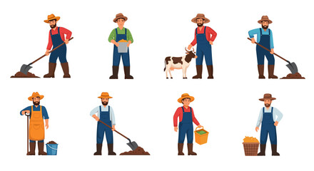 Fototapeta premium Illustrations of farmers in various poses working with tools and a cow on a white background image