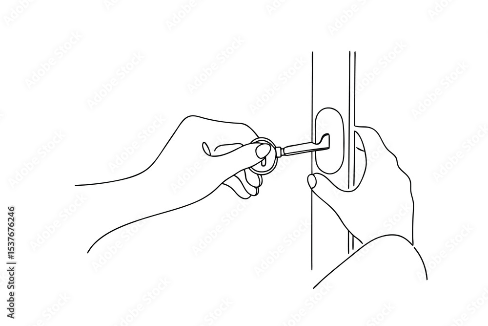 Poster hands using key to unlock door continuous line art illustration